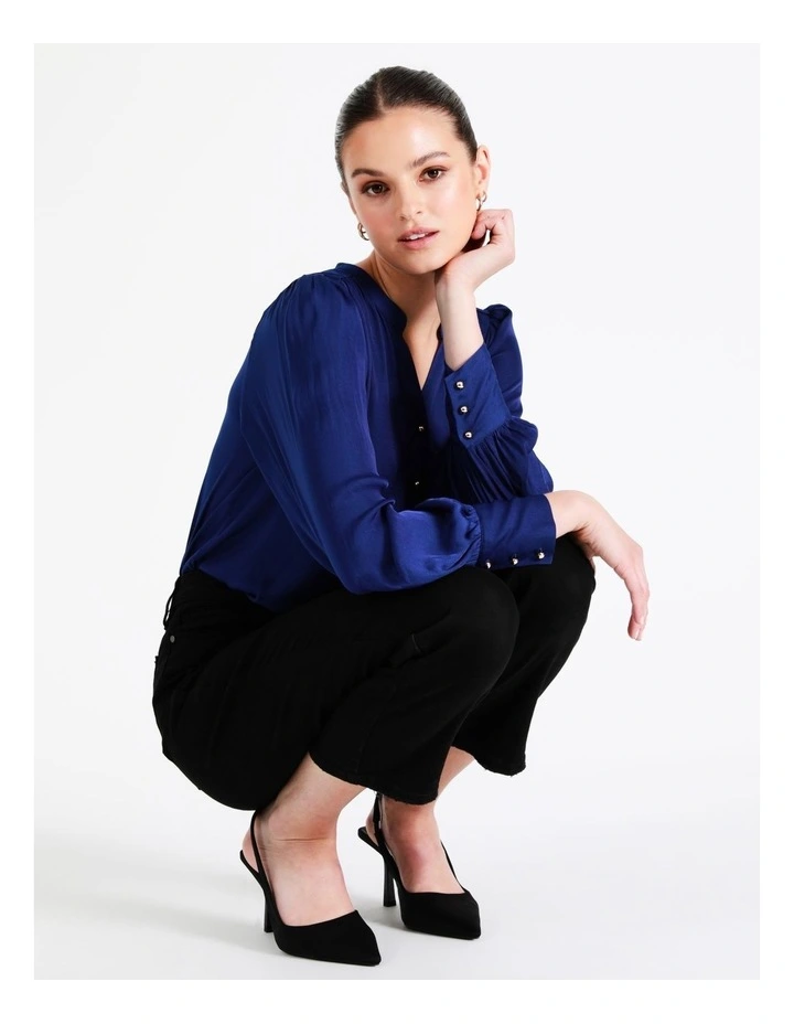 Recycled Blend Satin Notch Neck Blouse In Cobalt - Image 2