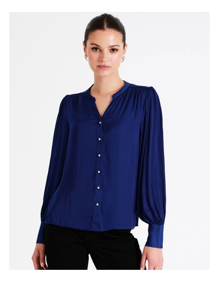 Recycled Blend Satin Notch Neck Blouse In Cobalt - Image 3