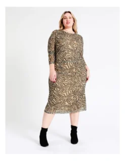 Recycled Blend Ruched Mesh Midi Dress In Multi