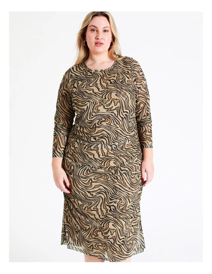 Recycled Blend Ruched Mesh Midi Dress In Multi - Image 2