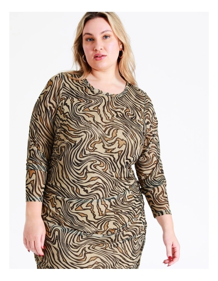 Recycled Blend Ruched Mesh Midi Dress In Multi - Image 3