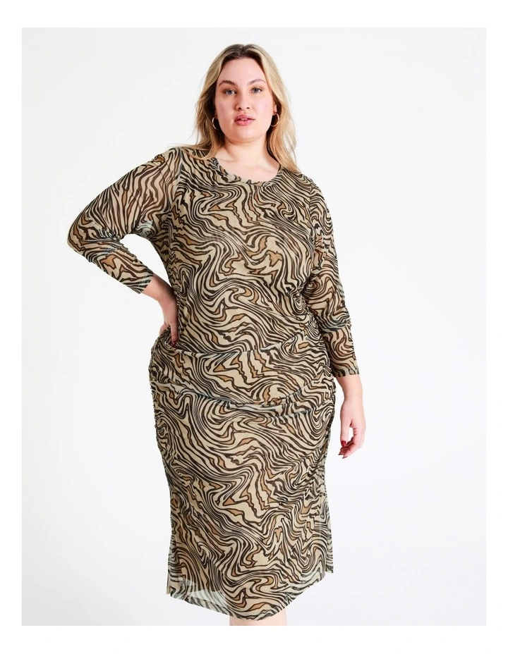 Recycled Blend Ruched Mesh Midi Dress In Multi - Image 4