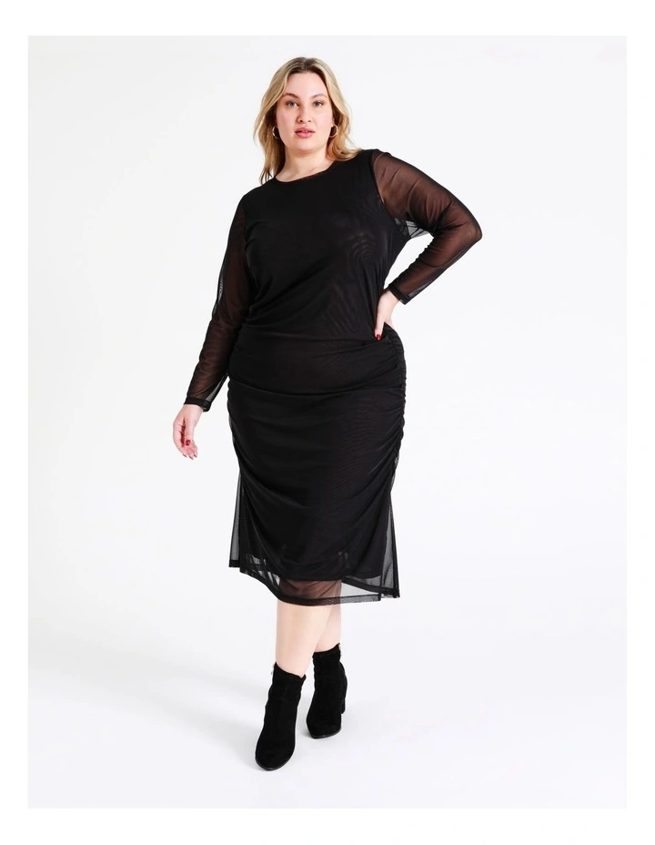 Recycled Blend Ruched Mesh Midi Dress In Black