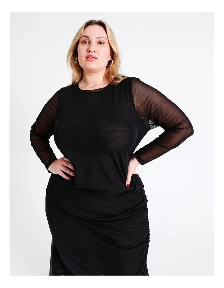 Recycled Blend Ruched Mesh Midi Dress In Black - Image 2