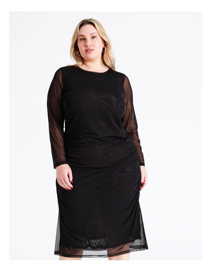 Recycled Blend Ruched Mesh Midi Dress In Black - Image 3