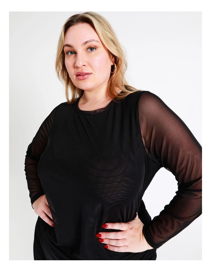 Recycled Blend Ruched Mesh Midi Dress In Black - Image 4