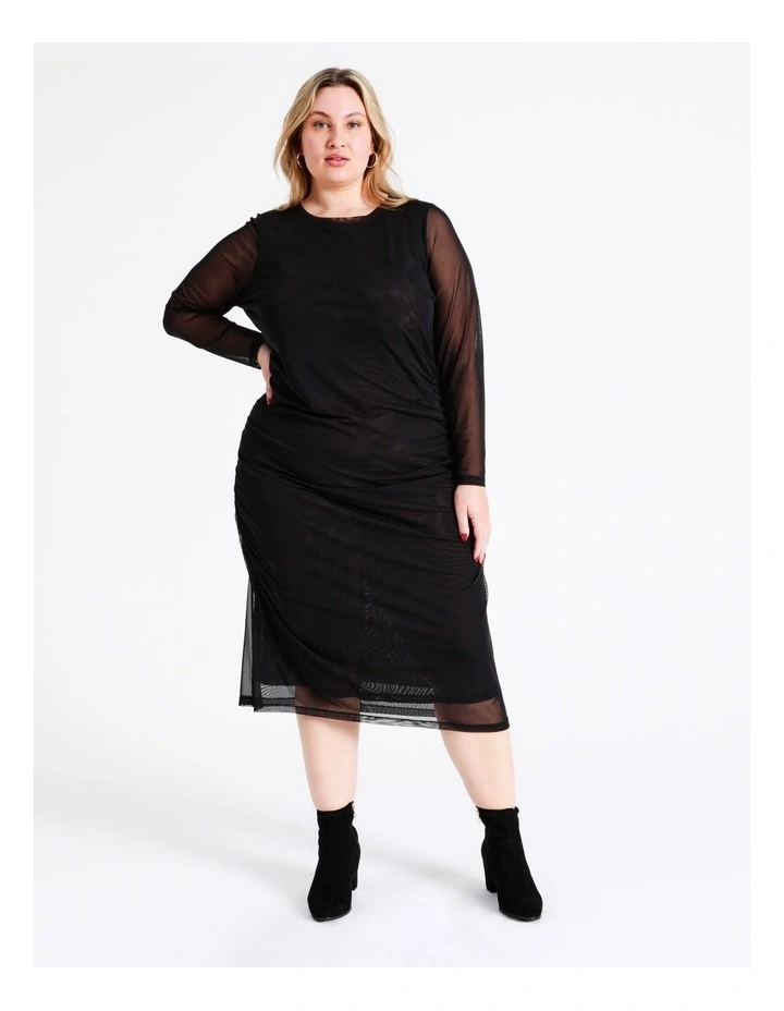 Recycled Blend Ruched Mesh Midi Dress In Black - Image 5