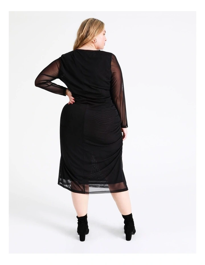 Recycled Blend Ruched Mesh Midi Dress In Black - Image 6