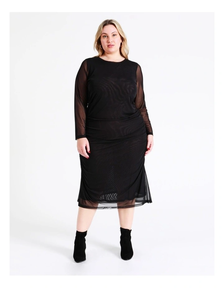 Recycled Blend Ruched Mesh Midi Dress In Black - Image 7