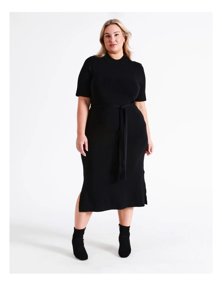 High Neck Knit Midi Dress In Black