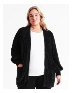 Recycled Blend Longline Fluffy Knit Cardigan In Black