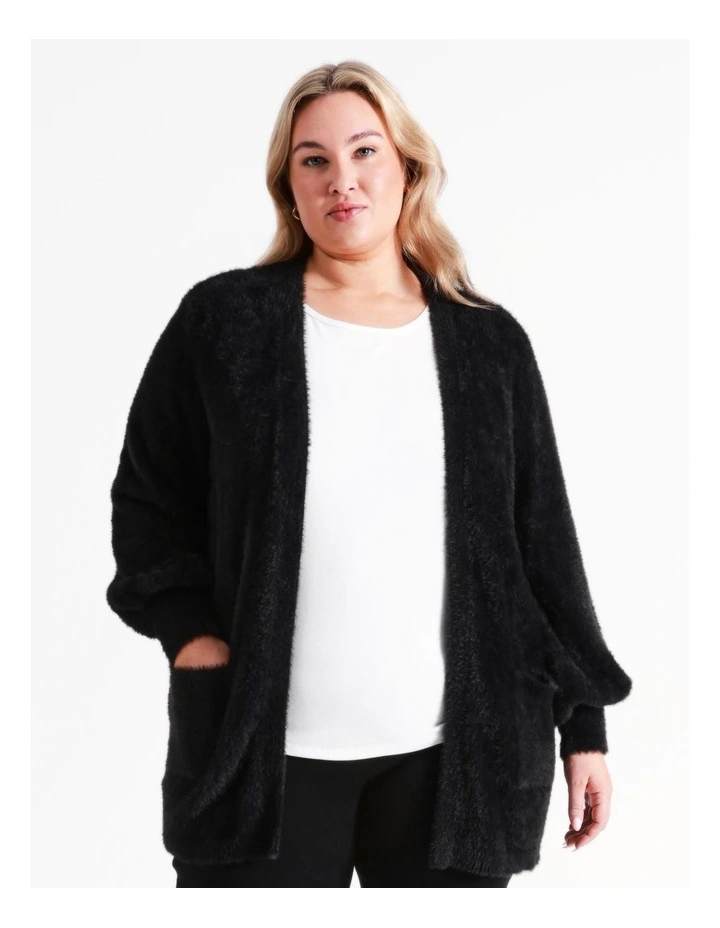 Recycled Blend Longline Fluffy Knit Cardigan In Black