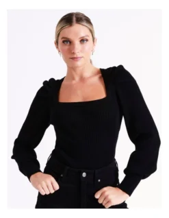 Square Neck Knit Top In Black