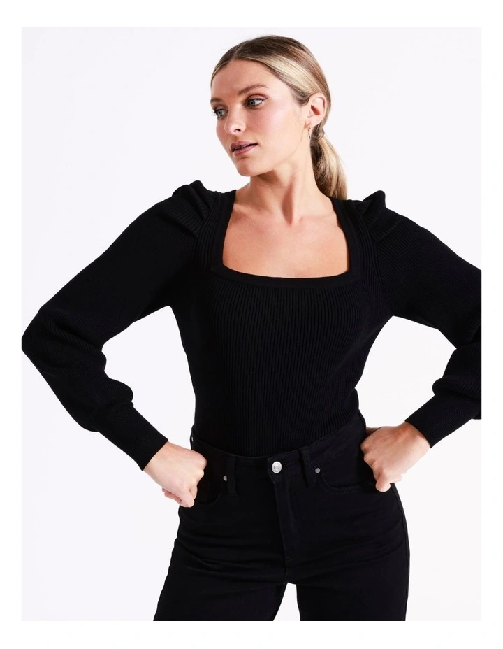 Square Neck Knit Top In Black - Image 3