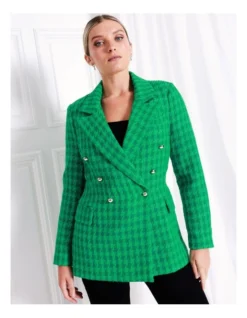 Double Breasted Boucle Check Blazer In Green