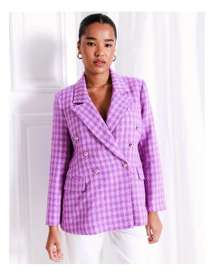 Double Breasted Boucle Check Blazer In Purple - Image 2