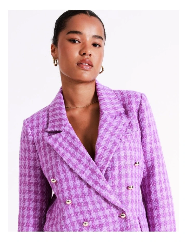 Double Breasted Boucle Check Blazer In Purple - Image 3