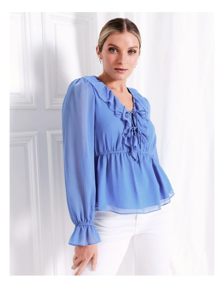 Recycled Blend Statement Frill Blouse In Blue - Image 3