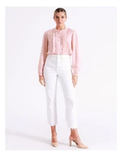 Ruffle Pintuck Ladder Trim Shirt In Blush