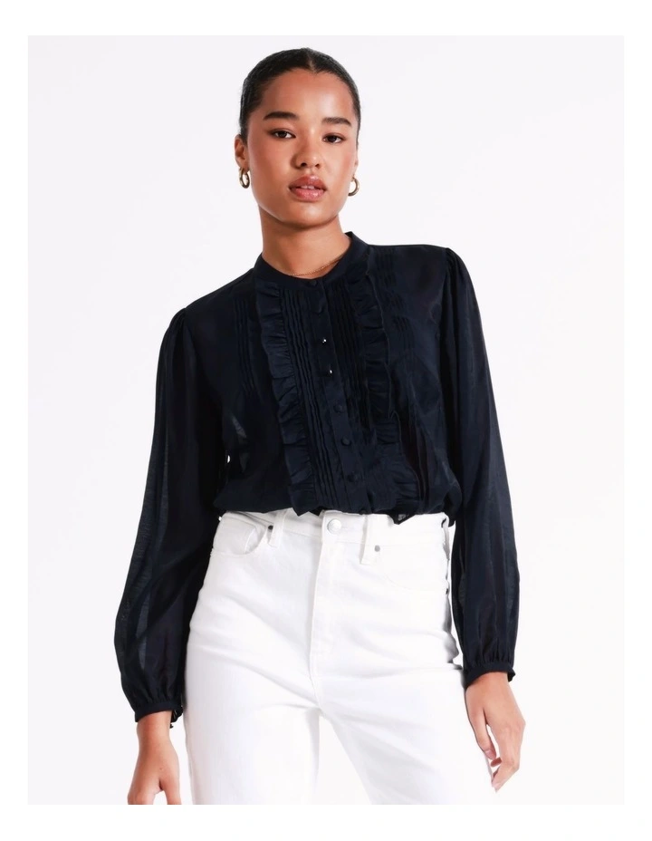 Ruffle Pintuck Ladder Trim Shirt In Navy