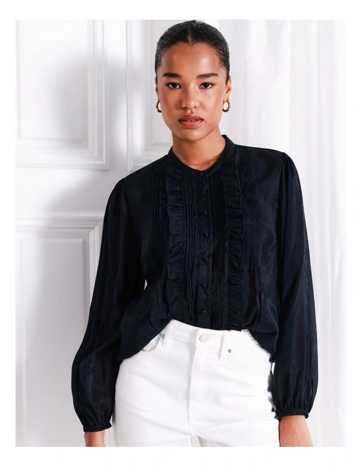 Ruffle Pintuck Ladder Trim Shirt In Navy - Image 2