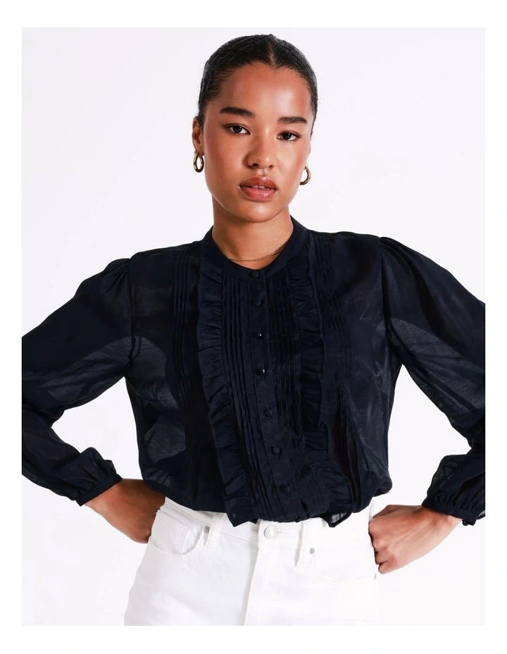 Ruffle Pintuck Ladder Trim Shirt In Navy - Image 3