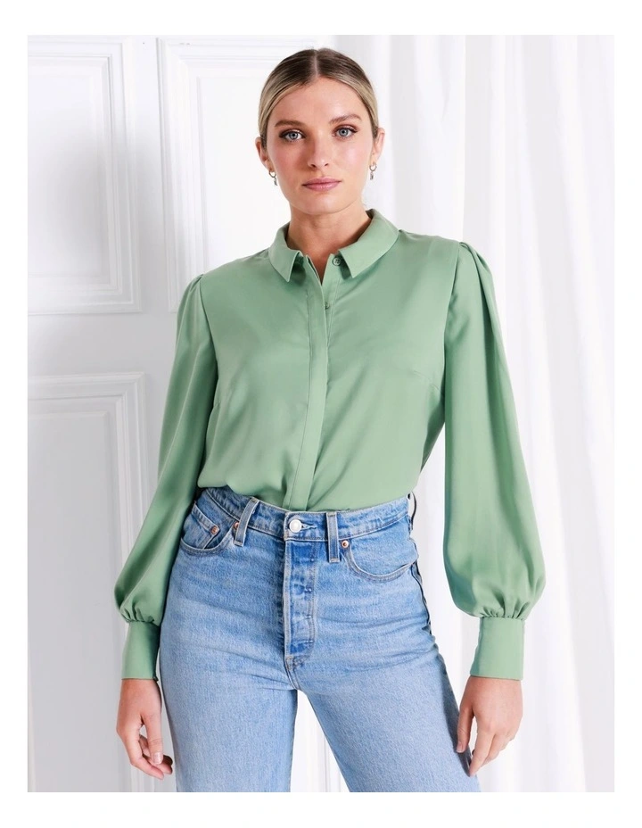 Recycled Satin Shirt In Sage - Image 2