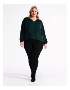 Recycled Satin Gathered Shoulder Blouse In Dark Green