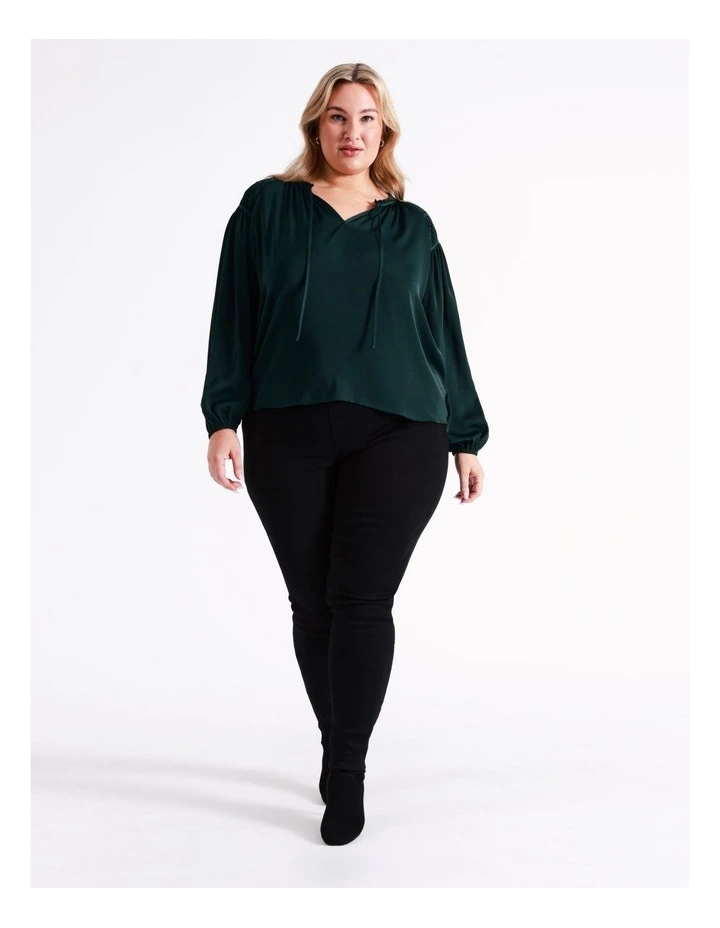Recycled Satin Gathered Shoulder Blouse In Dark Green