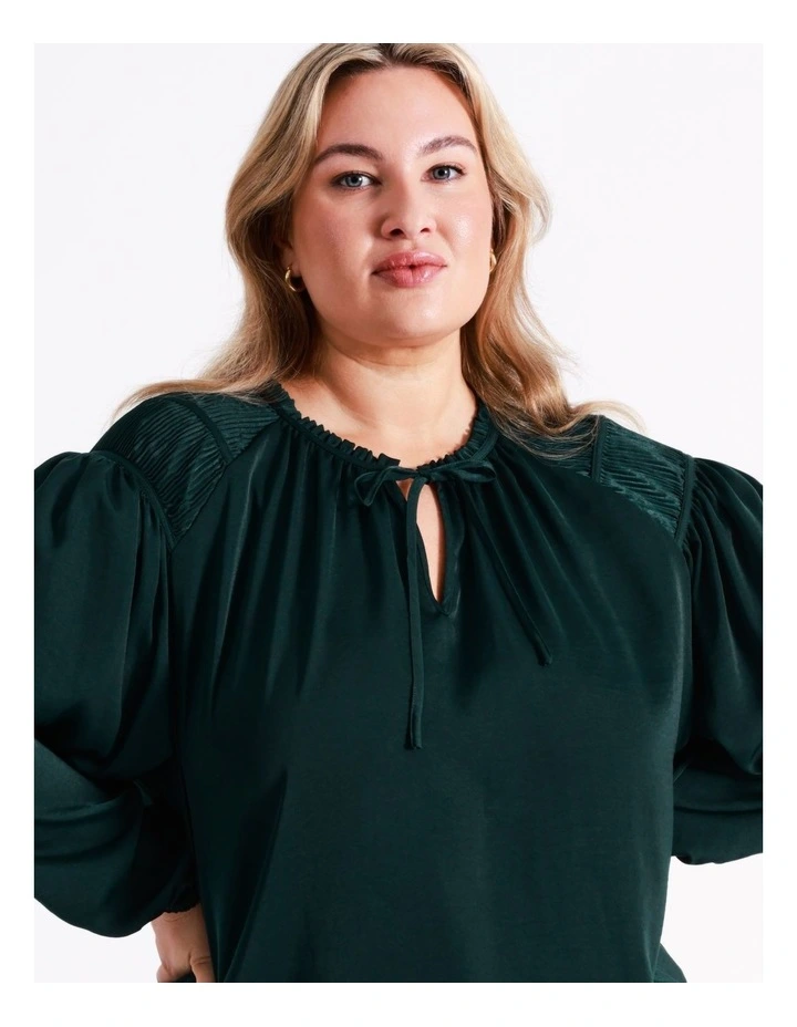 Recycled Satin Gathered Shoulder Blouse In Dark Green - Image 2