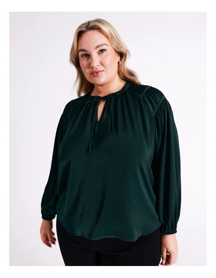 Recycled Satin Gathered Shoulder Blouse In Dark Green - Image 3