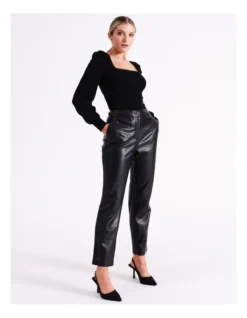 Recycled Blend Straight Leg Faux Leather Pants In Black